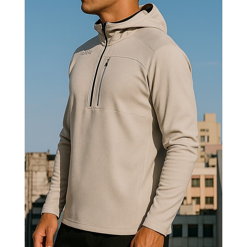 Men's Casual Tops Pullover Hoodie Sweatshirts Zip Up Pocket Long Sleeve Top Athleisure Solid Colored Quick Dry Breathable Hiking Workout Athletic Sportswear Activewear Black White Khaki3