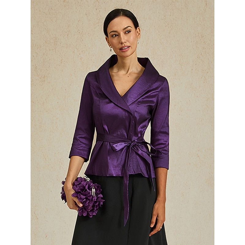 Women's Blouse Evening Tops Solid Color Plain Elegant Metallic Stylish 3/4 Length Sleeve V Neck Regular Tops Wedding Guest Evening Party Semi Formal Tie Front Eggplant Spring, Fall, Winter, Summer