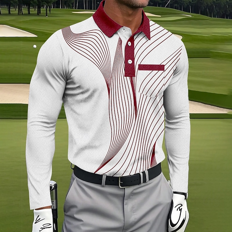 Men's Geometric Golf Polo Sports Polo Shirts Long Sleeve Polo Shirts Collared Shirts Sportswear Business Casual Athleisure Daily Wear Pocket 3D Print Buttons Spring Fall Black Red Blue3