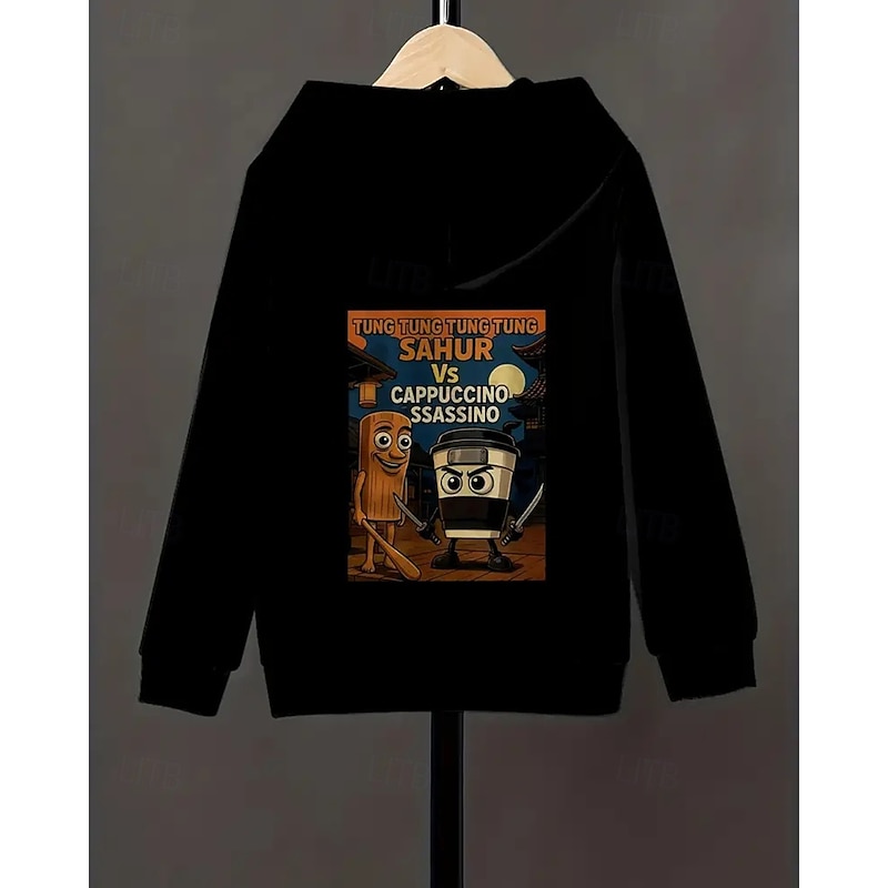 Boys' Long Sleeve Italian Brain Rot Element TUNG TUNG TUNG SAHUR Print Hoodie Long Sleeve Spring Fall Fashion Streetwear Kids 4-12 Years Hooded Outdoor Casual Daily Regular Fit3