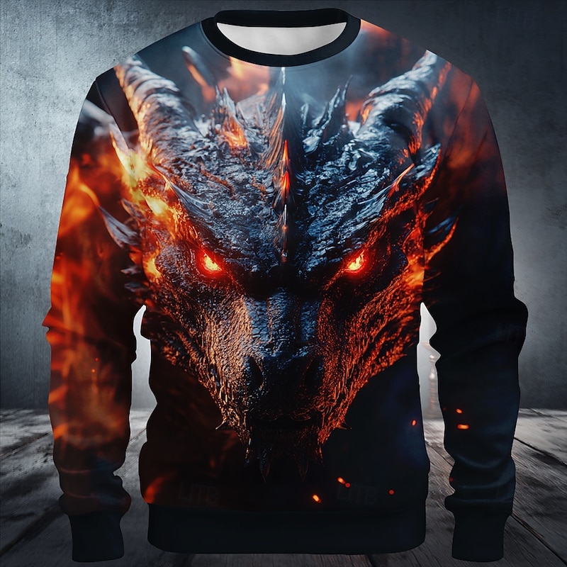 Halloween Men's Dragon 3D Sweatshirt Punk Party Long Sleeve Crew Neck Vacation Holiday Black Red Crewneck 3D All Seasons Designer