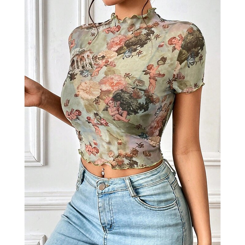 Women's T Shirt Graphic Fashion Modern Short Sleeve High Neck Regular Tops Daily Mesh Pink Brown Green Summer4