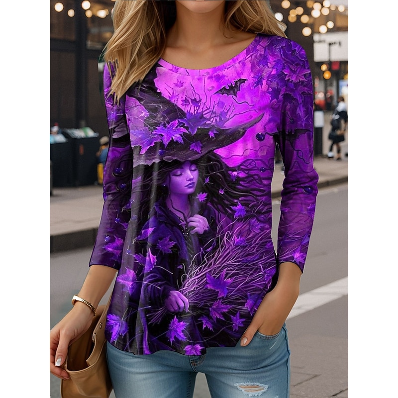 Halloween Women's T shirt Witch Long Sleeve Crew Neck Long Sleeve Tunic Graphic Casual Round Neck Regular Tops Daily Print Purple Orange Green Fall Prefall3