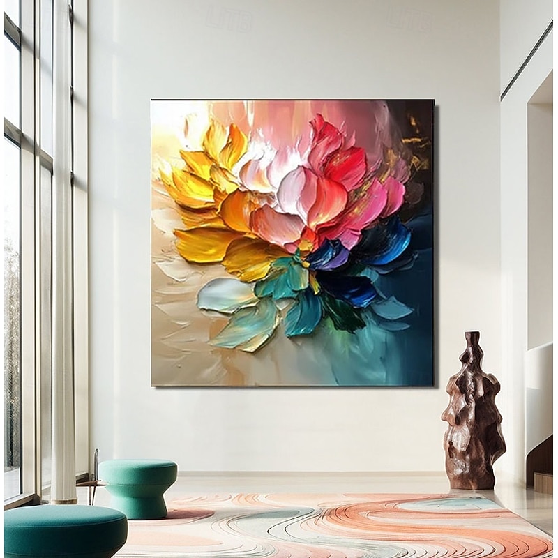 Hand Painted Artisan Multicolor Blossom Oil Painting Vibrant Gradient Petals Textured Impasto Brushwork Framed in Natural Wood Modern Eclectic Homewith Teal Accents frame Painting