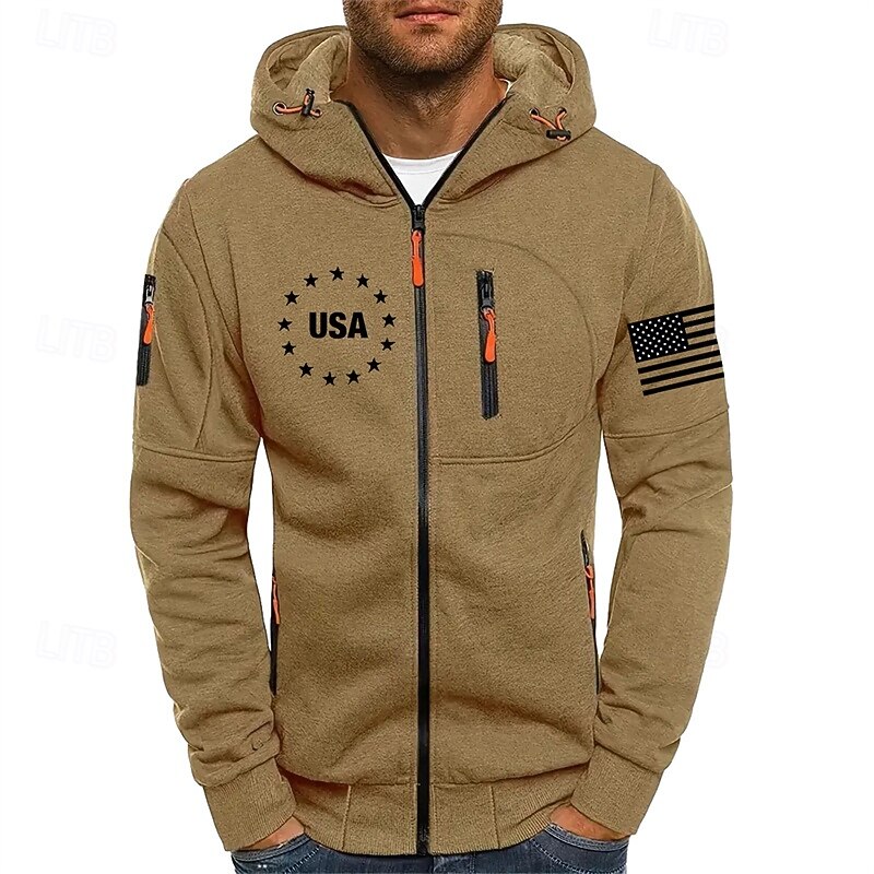 Men's Hoodie Full Zip Hoodie Wine Army Green Blue Green Khaki Hooded National Flag Sports & Outdoor Daily Holiday Polyester Streetwear Basic Casual Spring Autumn / Fall Clothing Apparel Hoodies
