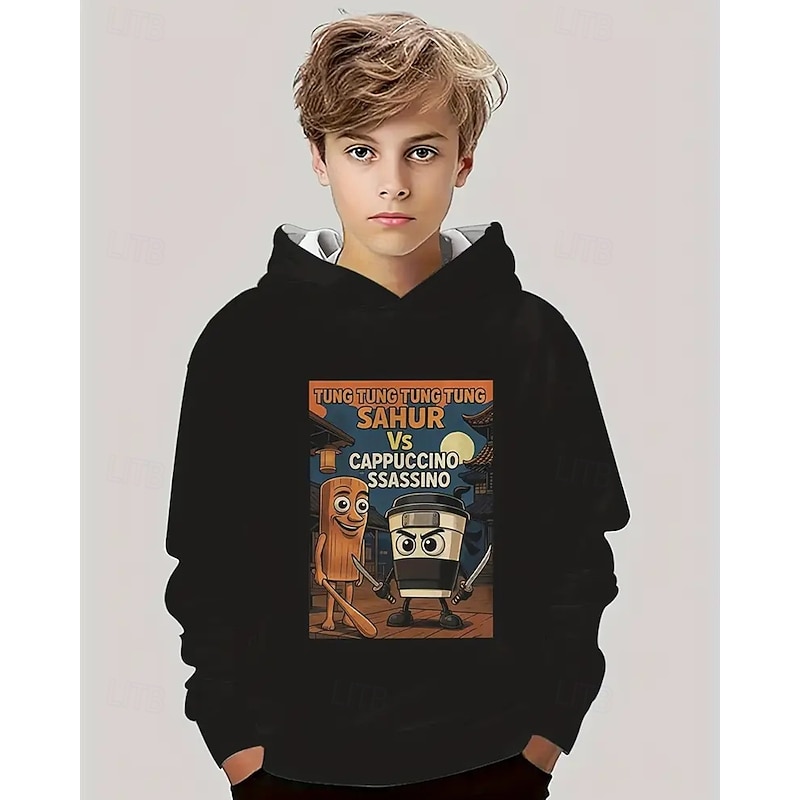 Boys' Long Sleeve Italian Brain Rot Element TUNG TUNG TUNG SAHUR Print Hoodie Long Sleeve Spring Fall Fashion Streetwear Kids 4-12 Years Hooded Outdoor Casual Daily Regular Fit