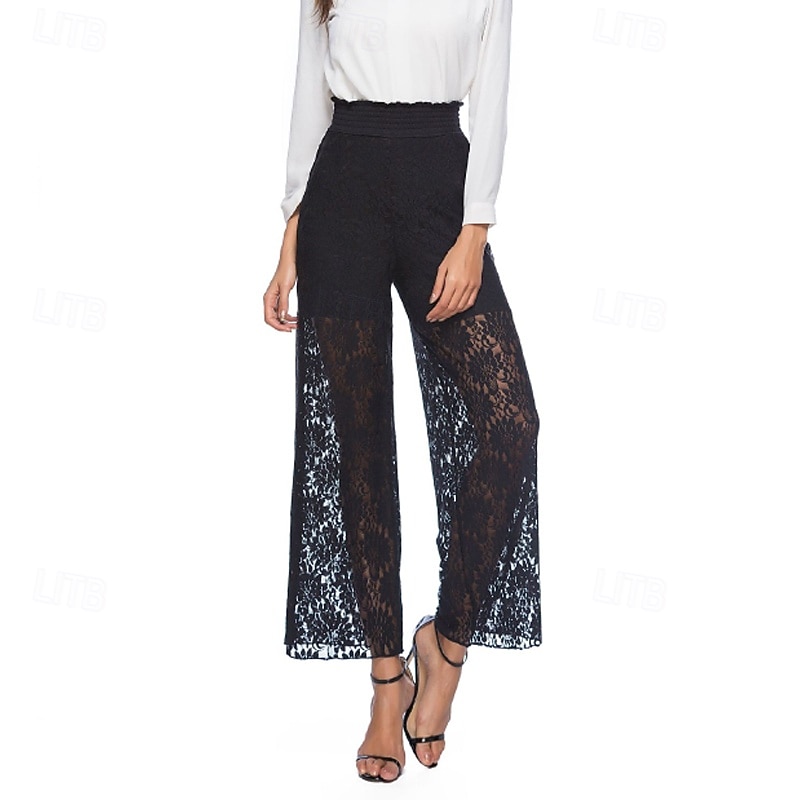 Women's Wide Leg Slacks Streetwear Casual Full Length Natural Plain Lace Patchwork Elastic Waist Comfortable Holiday Going out Depression Green Black White Dark Blue Fall Regular Fit2