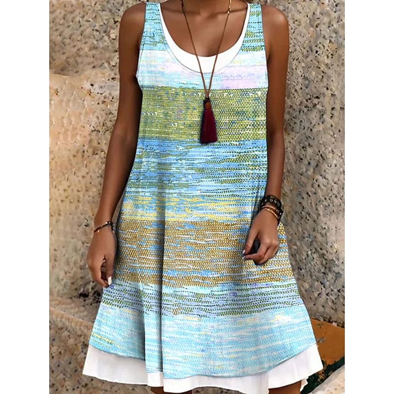 Women's Mini Dress Sundress A Line Dress Off The Shoulder Dress Vacation Casual Boho Daily Loose Fit Graphic Geometric Sleeveless Crew Neck Pink Blue Purple Green Summer Spring Fall2