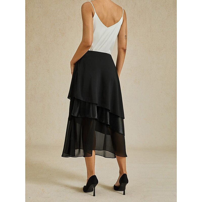 Women's A Line Elegant Midi High Waist Skirts Plain Irregular Hem Chiffon Inelastic Causal Daily Satin black Black Summer Chiffon4