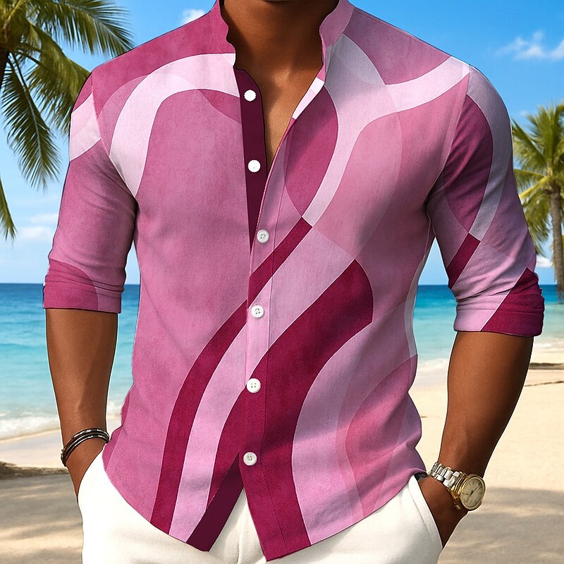 Men's Geometric Gradient Color Shirt Button Up Shirt Stand Collar Shirt Long Sleeve Casual Outdoor Vacation Daily Spring Fall Mandarin Collar Band Collar 3D Print Linen Like Shirt Pink Blue Orange4