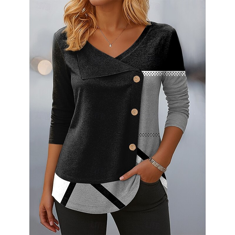 Women's Blouse Tunic V Neck Long Sleeve Buttons Graphic Geometric Vintage Tropical Stylish Regular Tops Daily Patchwork Print Black Pink Blue Orange Summer Spring Fall Winter3