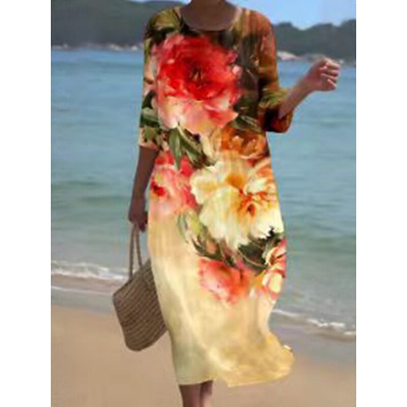Women's Midi Dress Casual Dress Print Dress Fashion Modern Daily Beach Weekend Regular Fit Floral 3/4 Length Sleeve Crew Neck White Yellow Royal Blue Khaki Spring Fall Autumn2
