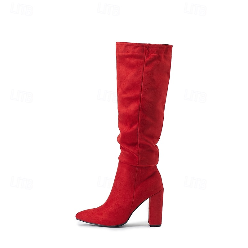 Women's Red Suede Slouch Knee High Boots – Pointed Toe Chunky Heel Long Boots for Party, Christmas, and Night Out Outfits2