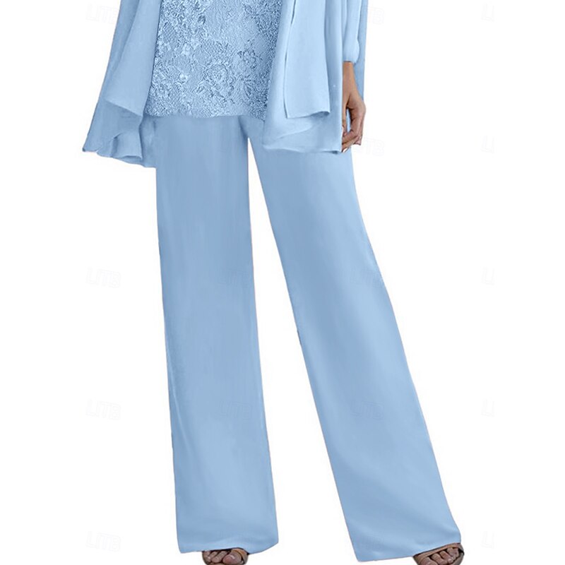 3 Piece Pantsuit Mother of the Bride Dress Elegant Crew Neck Floor Length Polyester Long Sleeve with Beading3