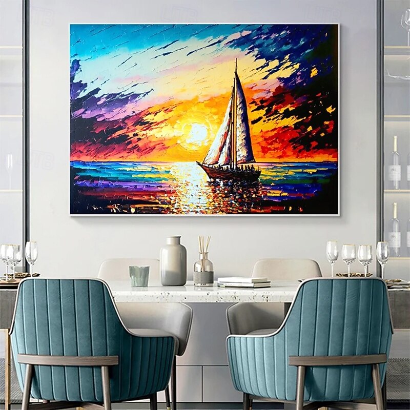 Handmade Oil Painting Canvas Wall Art Decoration Sailing Sunset Seascape for Home Decor Rolled Frameless Unstretched Painting