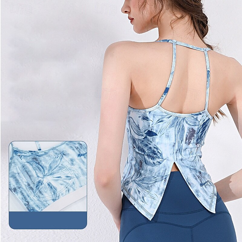 Women's Yoga Bra Yoga Crop Tank Top Underwear Quick Dry Medium Support Breathable Paded Backless Printing Sport Activewear Black Blue Gym Athletic Pilates