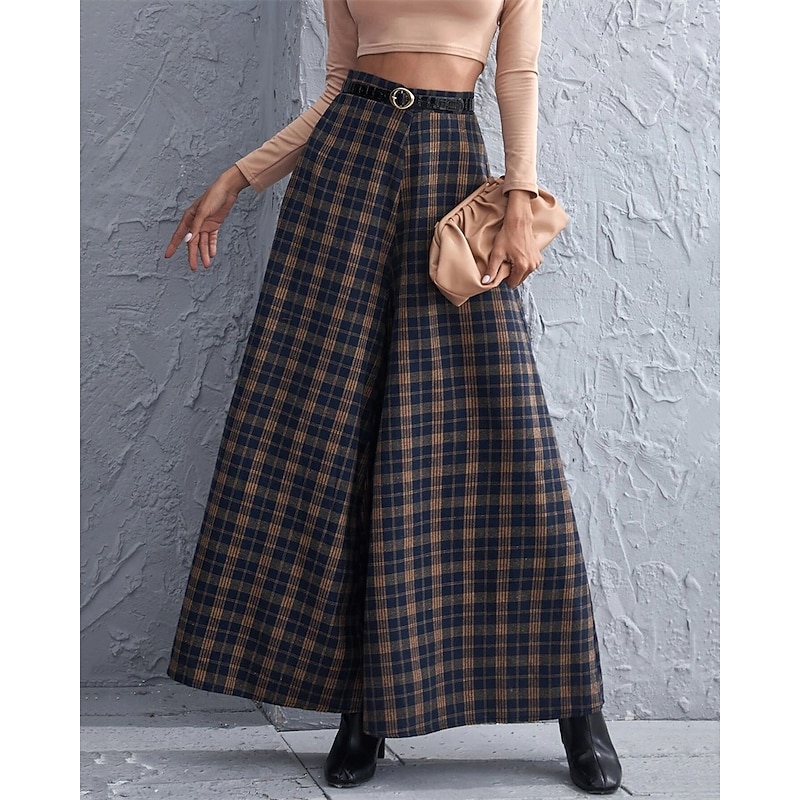 Women's Wide Leg Pants Trousers Palazzo Pants Fashion Streetwear Full Length High Waist Plaid Breathability Comfortable Street Daily Wear Going out Navy Blue Spring Fall Regular Fit