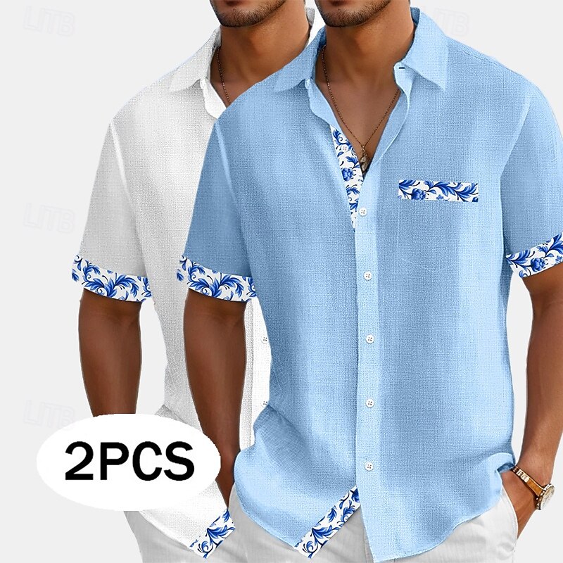 Men's Shirt Linen Shirt Summer Shirt Beach Shirt Button Up Shirt Flowers Vacation Holiday White+Pink White+Navy Blue Pink+Navy Blue Blue+Navy Blue Short Sleeve Collar Summer Clothing Apparel Patchwork
