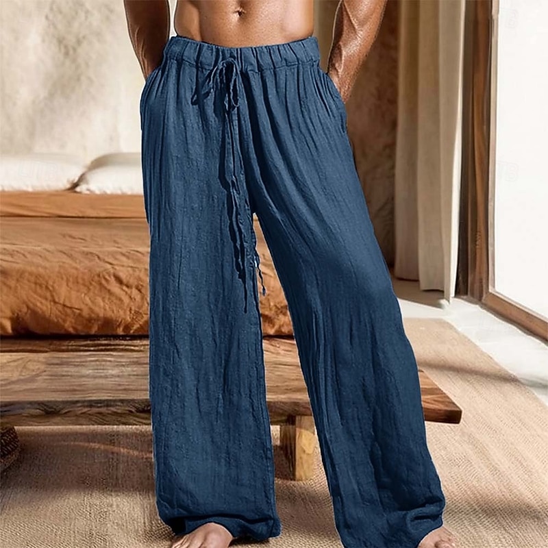 Men's Linen Pants Trousers Summer Pants Baggy Pants Drawstring Elastic Waist Straight Leg Plain Comfort Breathable Full Length Casual Daily Holiday Vacation Fashion Black White Inelastic