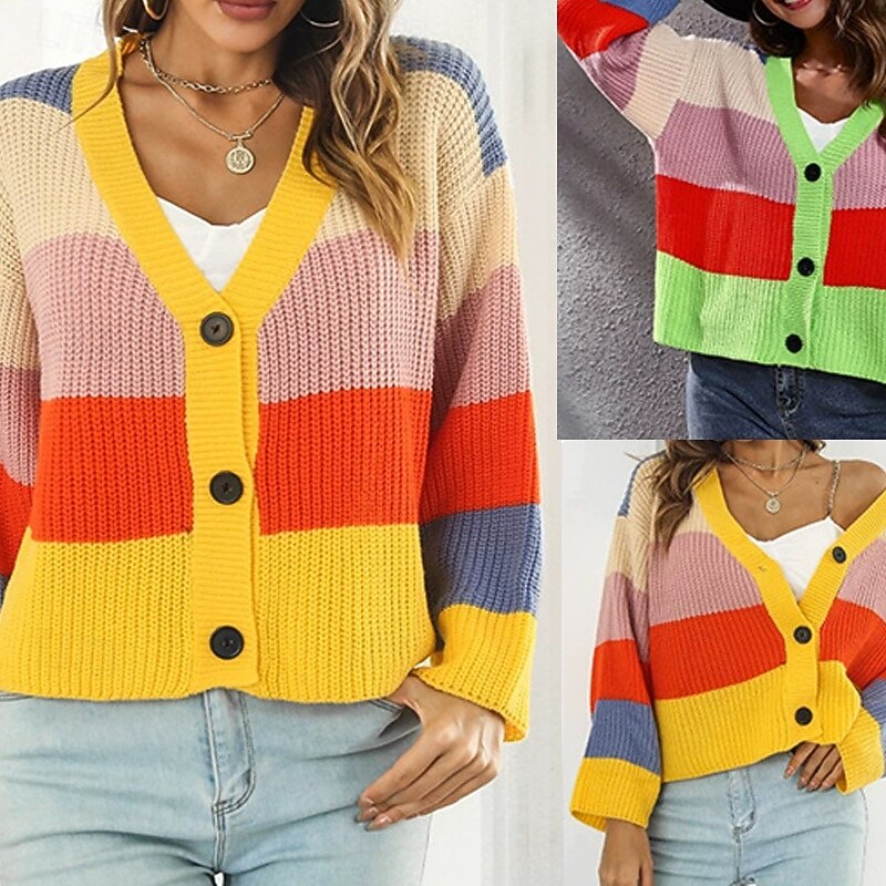 Women's Cardigan Casual Color Block Chunky V Neck Knitted Long Sleeve Regular Tops Knit Daily Holiday Going out Yellow Green Fall Winter