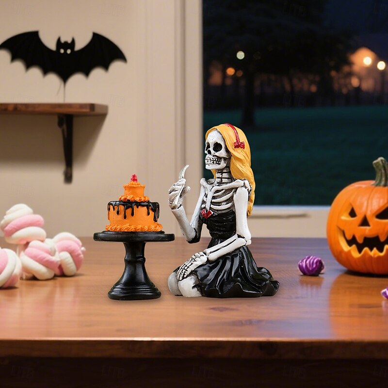 Halloween Resin Cake Skeleton Girl Figurine, Cute Spooky Decoration for Outdoor Yard, Planter, Desktop, Bookshelf, and Home Display3