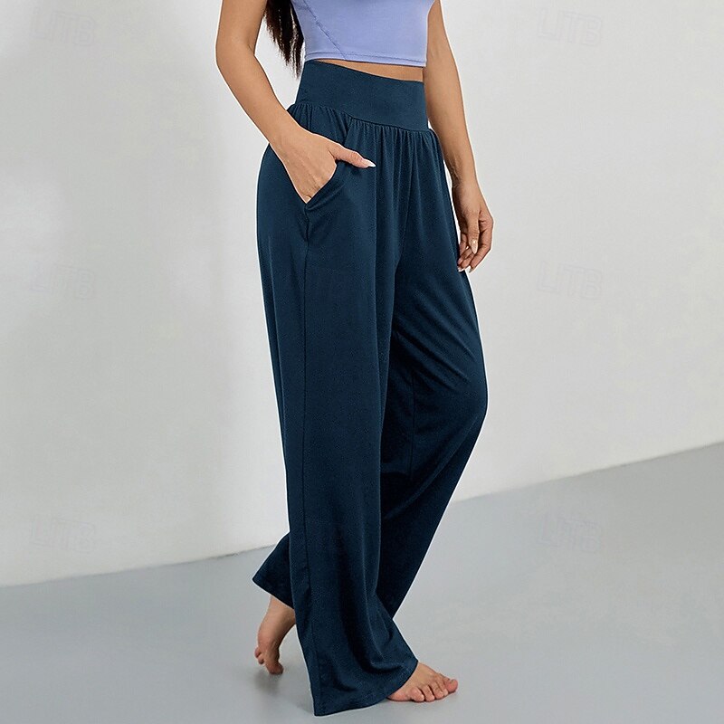 Women's Wide Leg Pants Yoga Pants with Pockets Tummy Control High Waist Gym Volleyball Workout Bottoms Solid Color Dark Grey Black Army Green Sports Activewear