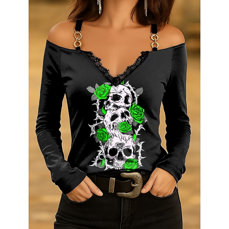 Halloween Women's T Shirt Skulls Floral Graphic Vintage Stylish Classic Long Sleeve V Neck Regular Tops Daily Lace Print Blue Purple Orange Green Spring Fall3