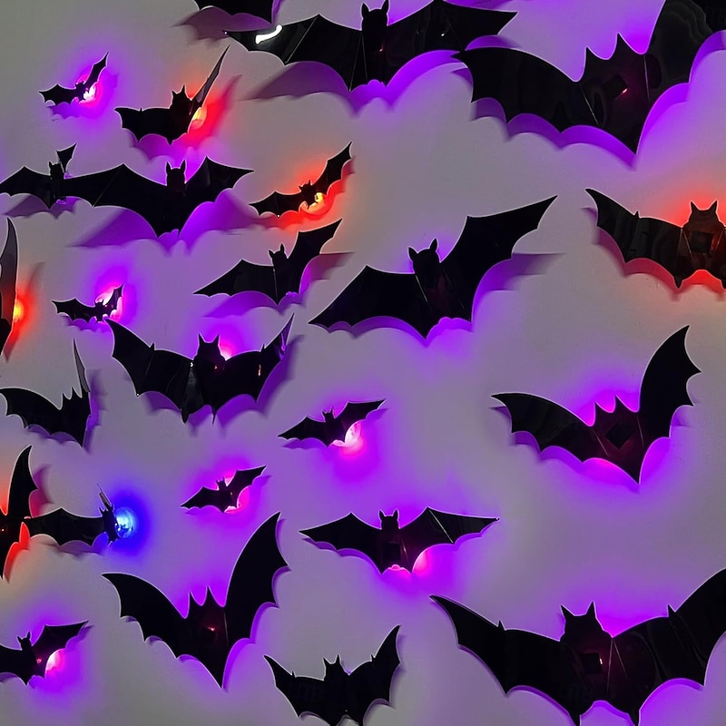 Halloween Bats Wall Decor, Lighted 3D Bat Stickers Assorted Size for Halloween Party, Bedroom Window Decorations, Indoor and Outdoor Home Decals