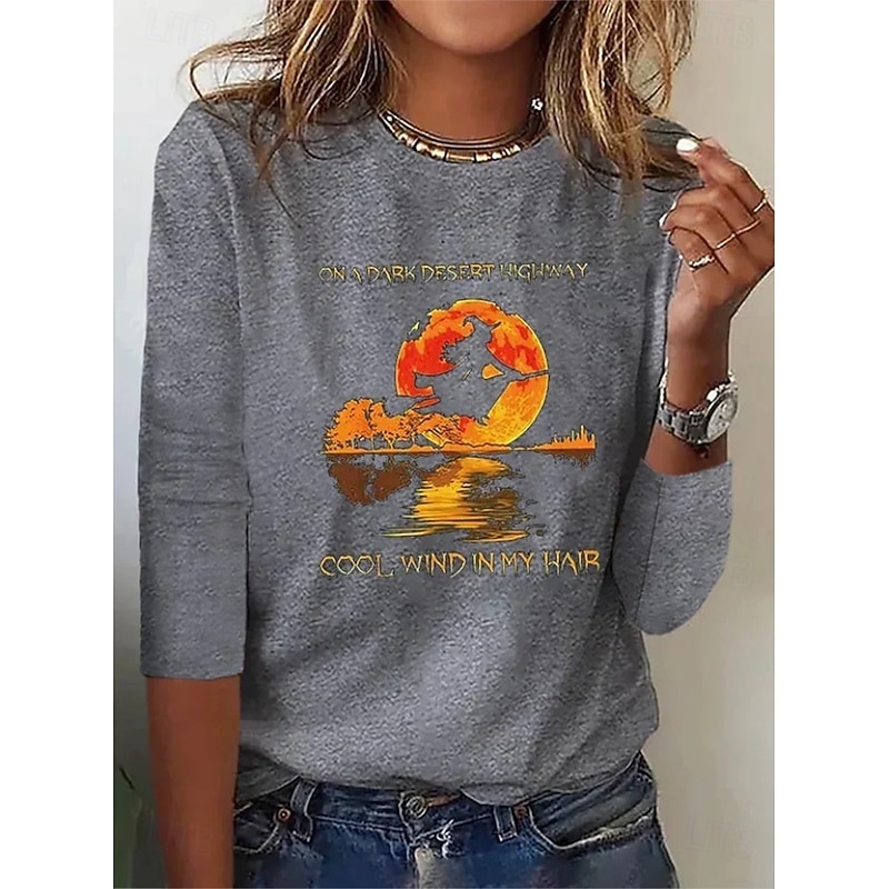 Halloween Women's T shirt Witch Long Sleeve Crew Neck Long Sleeve Tunic Ombre Graphic Stylish Modern Casual Round Neck Regular Tops Daily Print Black Red Gray Fall Prefall3