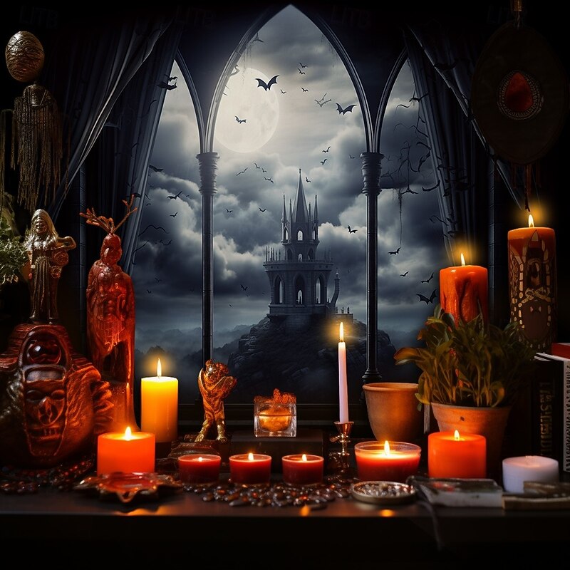 Gothic Black Cathedral Window Scene Wall Tapestry Backdrop, Dark Haunted Room Halloween Decoration for 2025 Halloween Living Room, Bedroom4