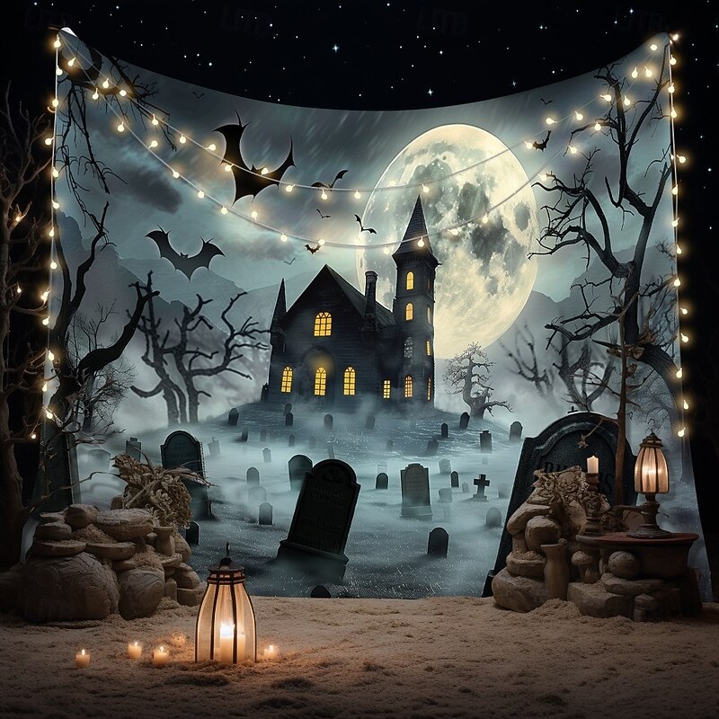 Halloween Haunted Graveyard Wall Tapestry – Full Moon with Flying Bats, Spooky Trees, Gothic Backdrop for 2025 Halloween Bedroom, Living Room, Horror Party Decoration4