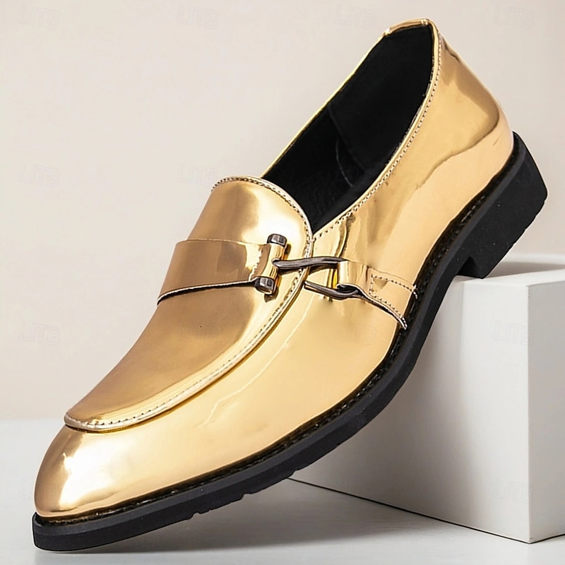 Men's Shiny Gold Bit Loafers – Metallic Slip-On Dress Shoes for Weddings, Evening Galas & Performances