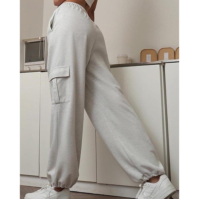 Women's Cargo Pants Slacks Streetwear Casual Full Length Natural Plain Pocket Elastic Waist Comfy Outdoor Vacation Going out Black White Light Grey Coffee Fall Regular Fit4