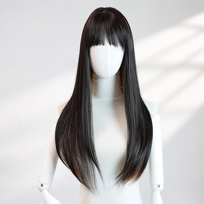 Black 24-Inch Straight Wig for Women – Long Hair with Full Bangs, Ideal for Halloween, Costumes, and Stylish Fashion Looks2