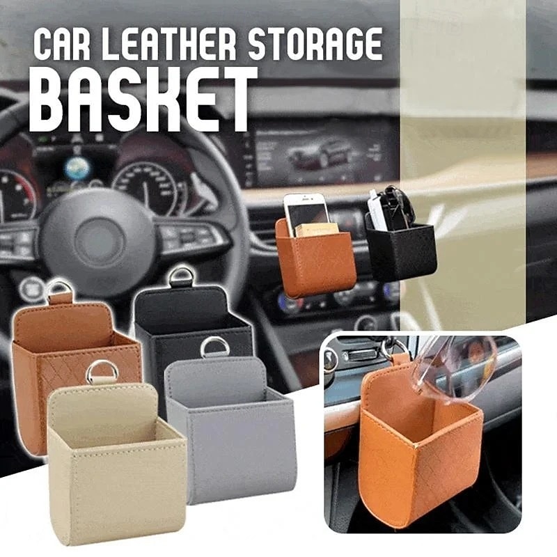 Car Air Outlet Storage Basket Leather Hanging Organizer for Phone Cigarettes Coins Cards Multifunctional Car Vent Pouch Small Storage Box for Vehicles