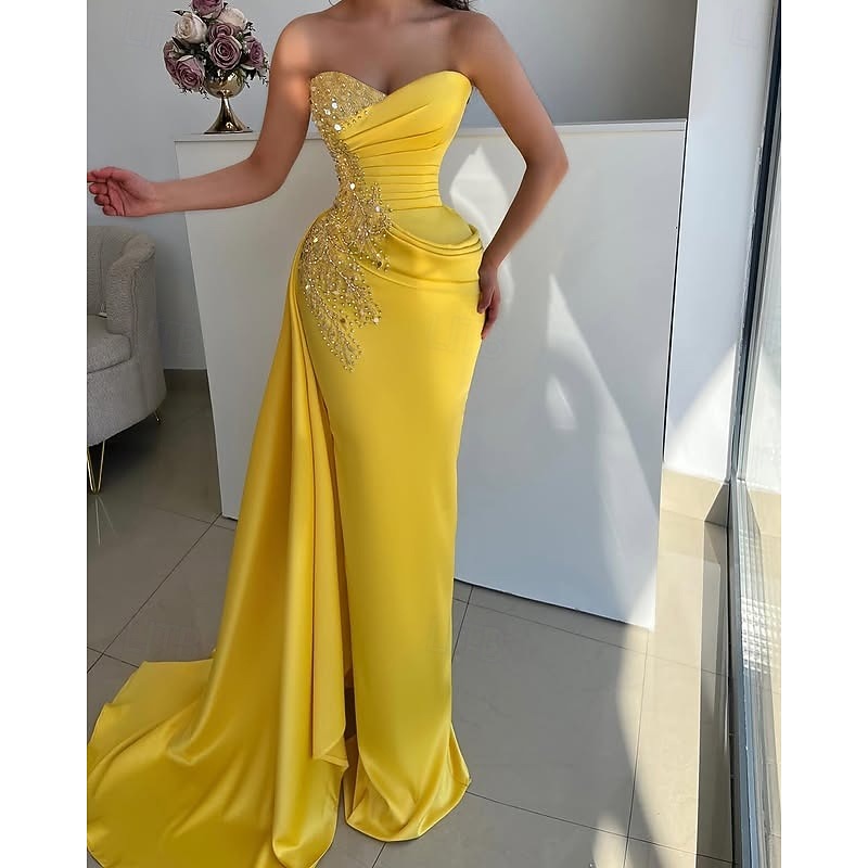 Mermaid / Trumpet Evening Gown Elegant Dress Formal Wedding Floor Length Sleeveless StraplessMother Of the Bride Dress Satin with Rhinestone Glitter Ruched4