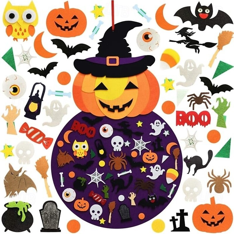 DIY Halloween Pumpkin Witch Wall Hanging Decoration Felt Nonwoven Fabric with Velcro 3D Craft Kit for Kids Fun Halloween Game and Home Decor Accessories