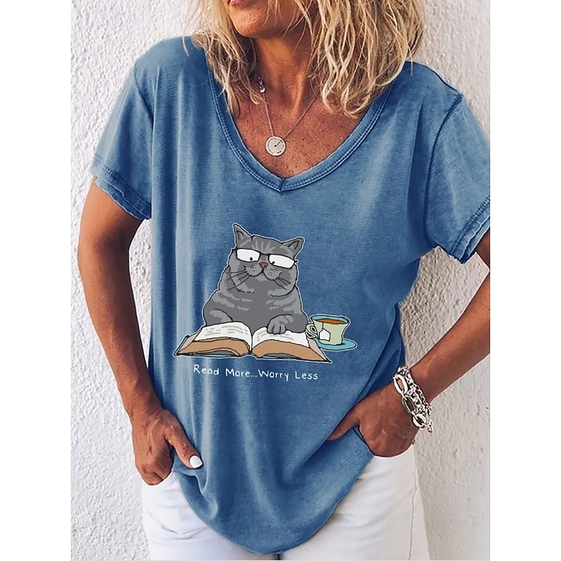 Women's T Shirt Graphic Animal Letter Vintage Stylish Classic Short Sleeve V Neck Regular Tops Daily Print Black White Pink Blue Green Summer Spring Read More Worry Less Cute Cat
