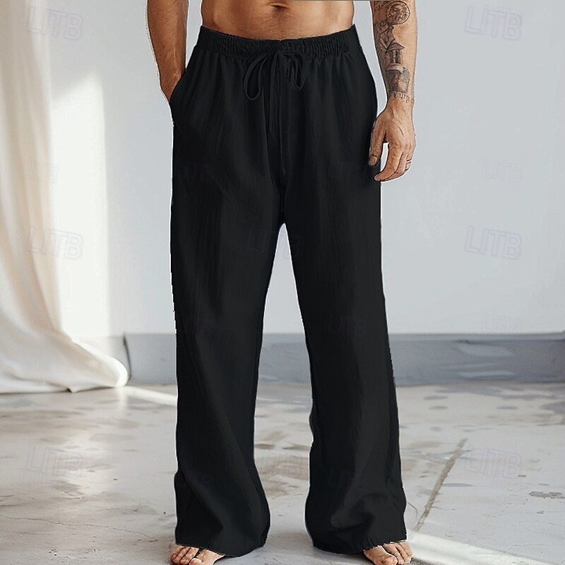 Men's Linen Pants Trousers Summer Pants Front Pocket Pleats Straight Leg Plain Comfort Breathable Full Length Casual Daily Holiday Fashion Basic Dark Khaki Black Micro-elastic