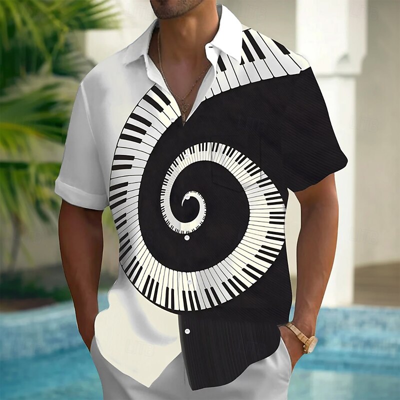 Men's Boardmasters Piano Spiral Shirt Summer Shirt Button Up Shirt Short Sleeve Vintage Retro Outdoor Vacation Dailywear Summer Spring Turndown 3D Print Collared Shirts Front One Pocket White