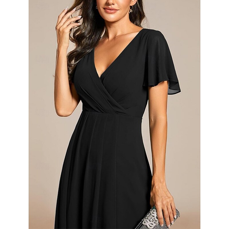 Women's Midi Dress Cocktail Dress Wedding Guest Dress Chiffon Elegant Fashion Modern Outdoor Cocktail Party Regular Fit Plain Short Sleeve V Neck Black Summer Spring2