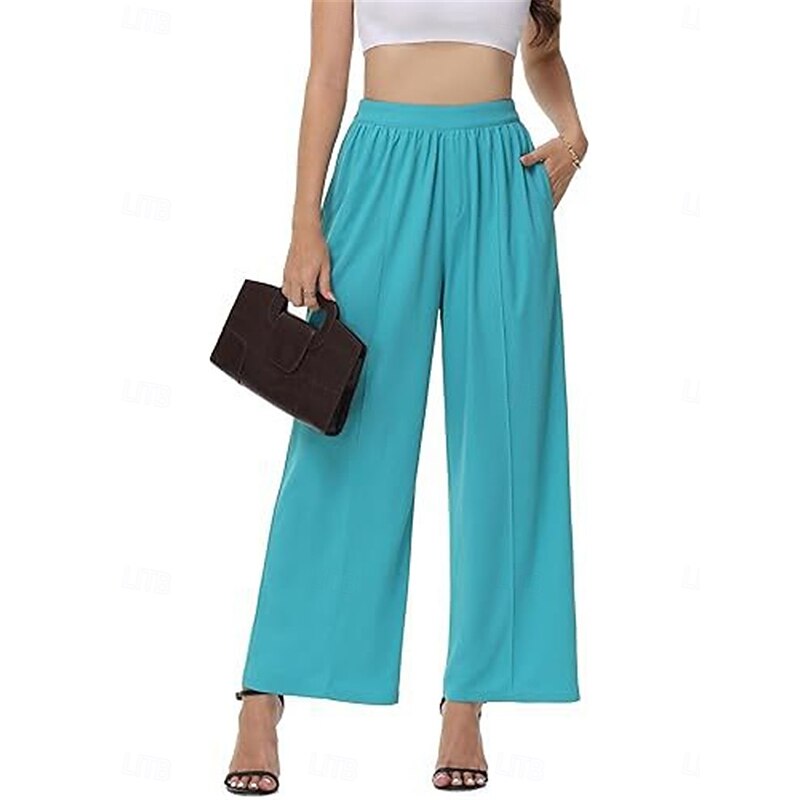 Women's Wide Leg Chinos Vacation Vintage Fashion Full Length High Waist Solid Color Pocket Elastic Waistband Comfy Soft Comfortable Stretchy Outdoor Street Black Pink Blue Gray Summer Spring Regular