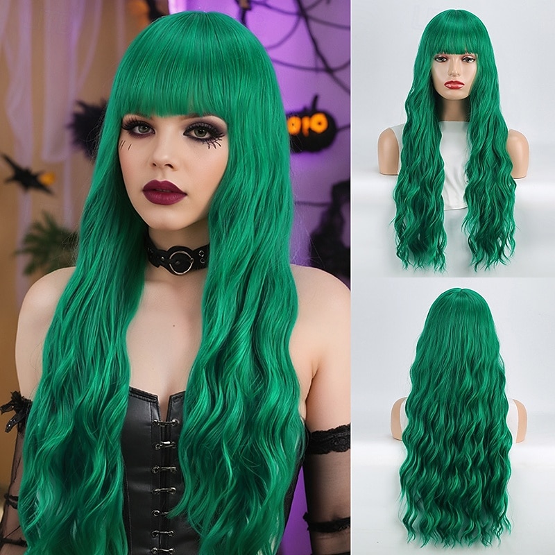 Green Bubble Perm Wig – Full Bangs, Corn Perm Curls, Ideal for Halloween, Cosplay, Festivals, and Daily Wear