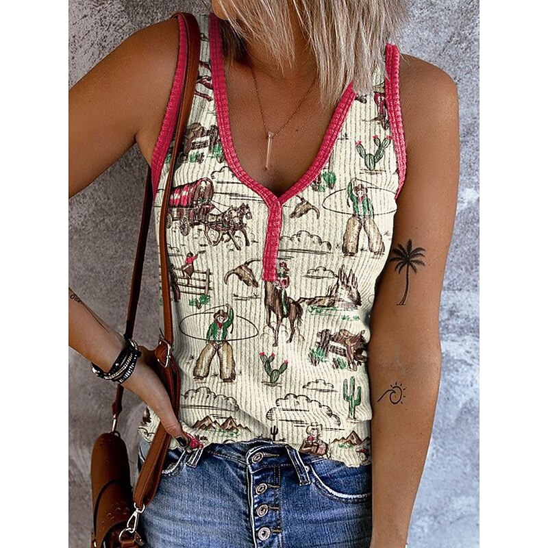 Women's Camisole Tank Top Graphic Vintage Stylish Ethnic Sleeveless V Neck Regular Tops Daily Print Red Blue Green Beige Summer Spring2
