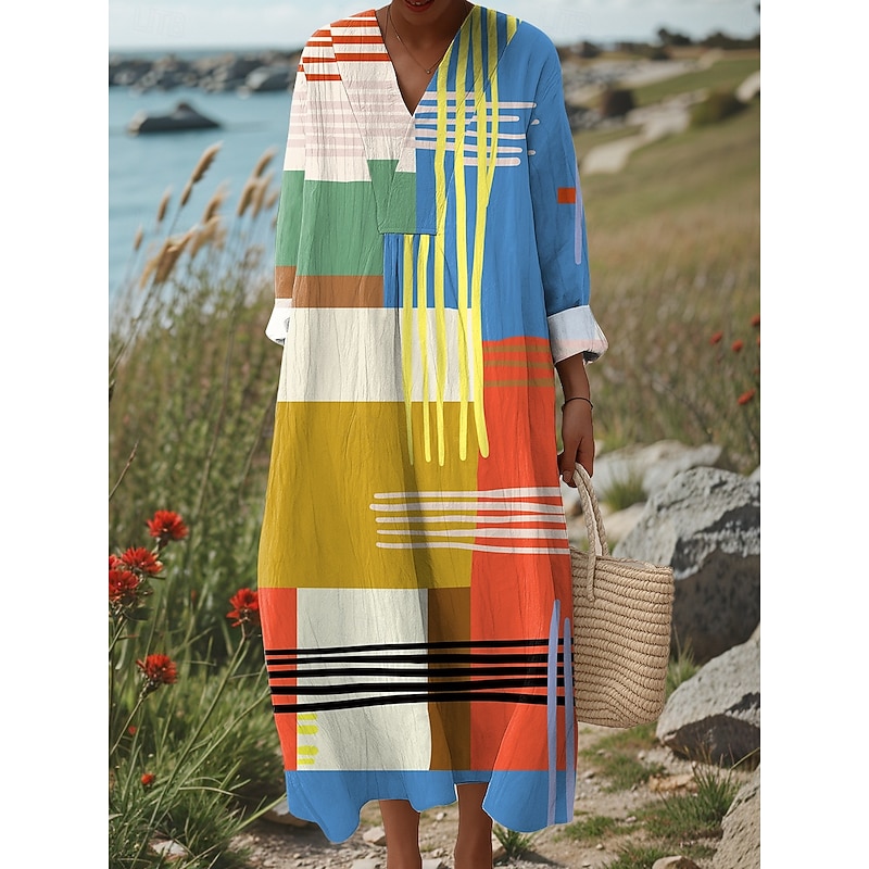 Women's Midi Dress V Neck Long Sleeve Kaftan Lightweight Loose Fit Shift Dress Casual Going out Loose Fit Graphic Geometric Long Sleeve V Neck Pink Blue Green Fall
