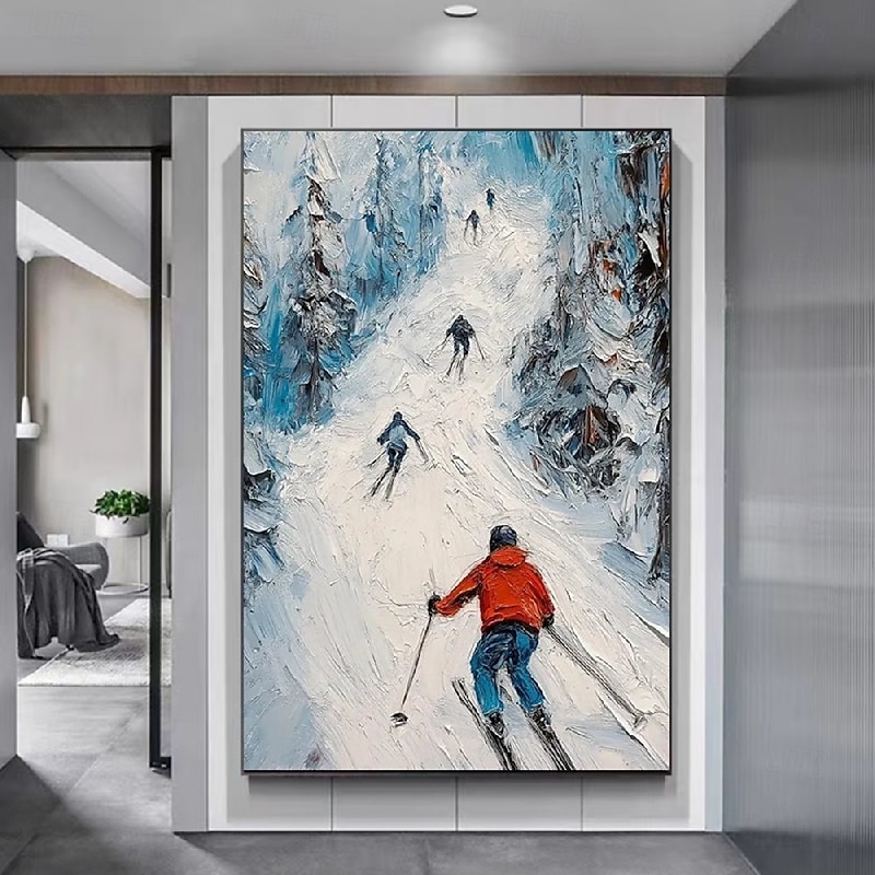 Handmade Skiing Snow Oil Painting Hand Painted Skiing Snow Oil Painting Wall Modern Abstract Ski Sport Painting Canvas Painting Home Decoration Decor White Snow Skiing Painting for bedroom living room