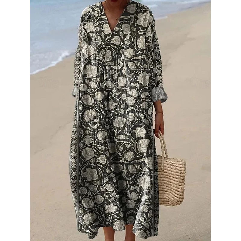 Women's Midi Dress V Neck Long Sleeve Kaftan Lightweight Loose Fit A Line Dress Casual Going out Loose Fit Floral Graphic Paisley Long Sleeve V Neck Light Pink Black Dark Pink Orange Fall2