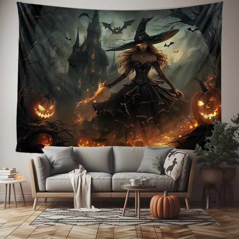 Halloween Gothic Witch Wall Tapestry – Dark Forest Scene with Jack-o'-Lanterns, Spooky Night Sky, Horror Backdrop for 2025 Halloween Living Room, Bedroom, Party Decoration4
