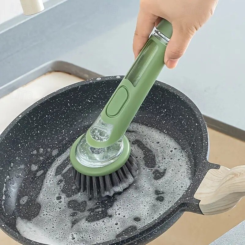 2pcs Dishwashing Brush with Soap Dispenser, Ergonomic Long Handle Green Scrub Brush, Replaceable Head, Multi-Color, for Pots, Pans, Sink Cleaning, Essential Kitchen Tool