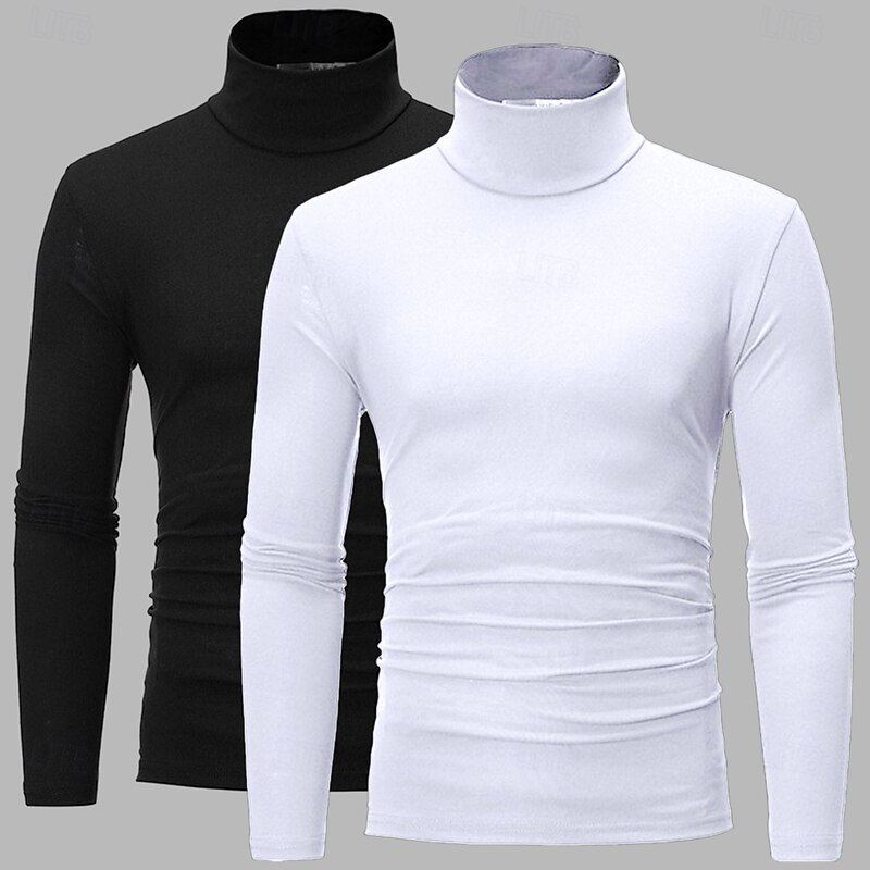 2Pcs Men's Turtleneck T Shirt Long Sleeve Shirt Long Sleeve Turtleneck Rolled collar Fall Fall & Winter Plain Lightweight Basic Classic 2 Piece Outdoor Casual Sports Tee2